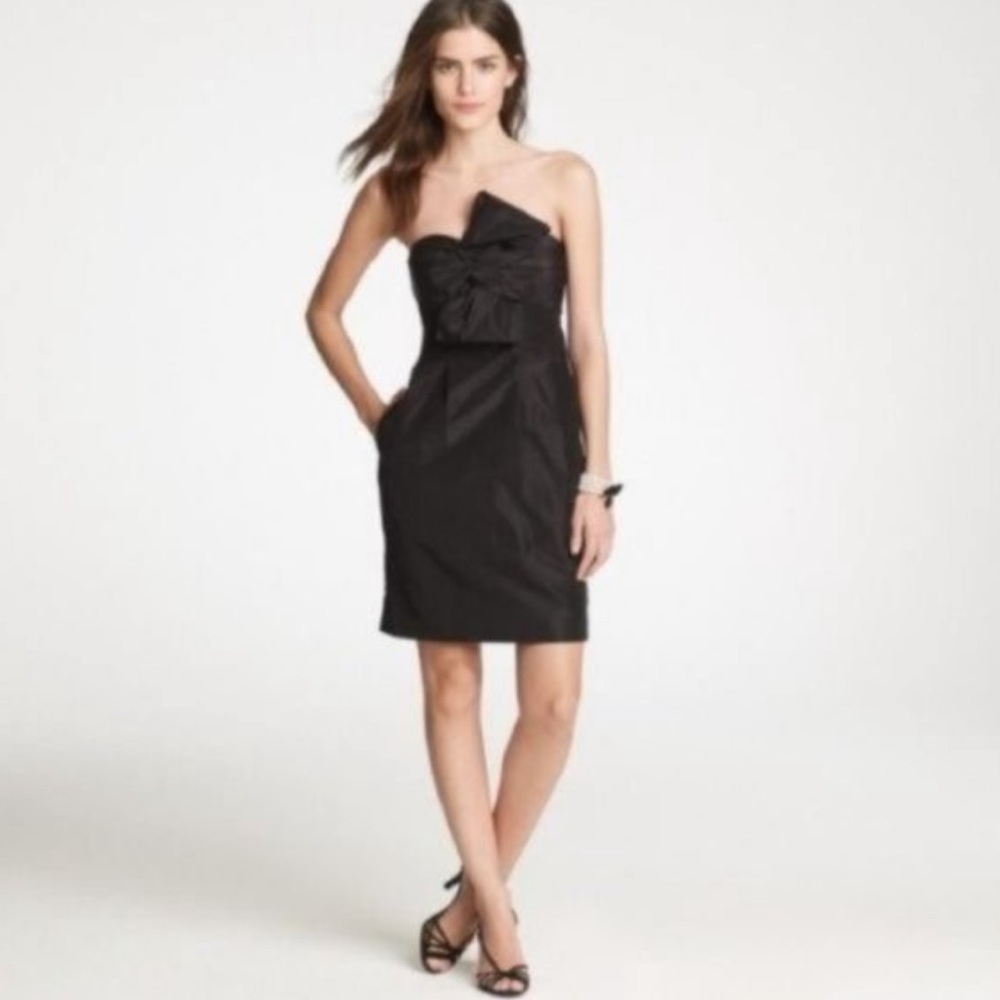 J Crew Bow Monde silk taffeta black strapless dress with pockets, size 2